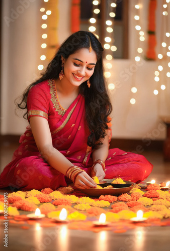 young indian woman making flowers rangoli on diwali festival