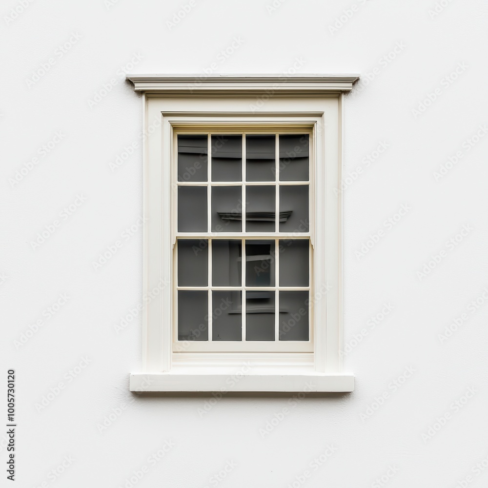 A classic white window with a decorative sill, set against a clean white wall. A classic white window with a decorative sill, set against a clean white wall.