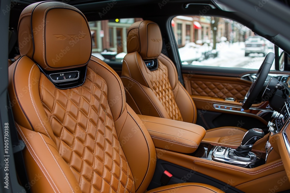 Obraz premium Close up view of luxurious brown leather car interior featuring quilted seats design