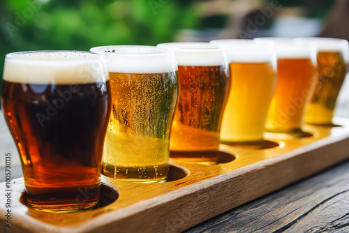 A wooden tray with six glasses of beer on it. The glasses are of different colors and sizes, and they are arranged in a row. The tray is placed on a wooden table, and the glasses are filled with beer