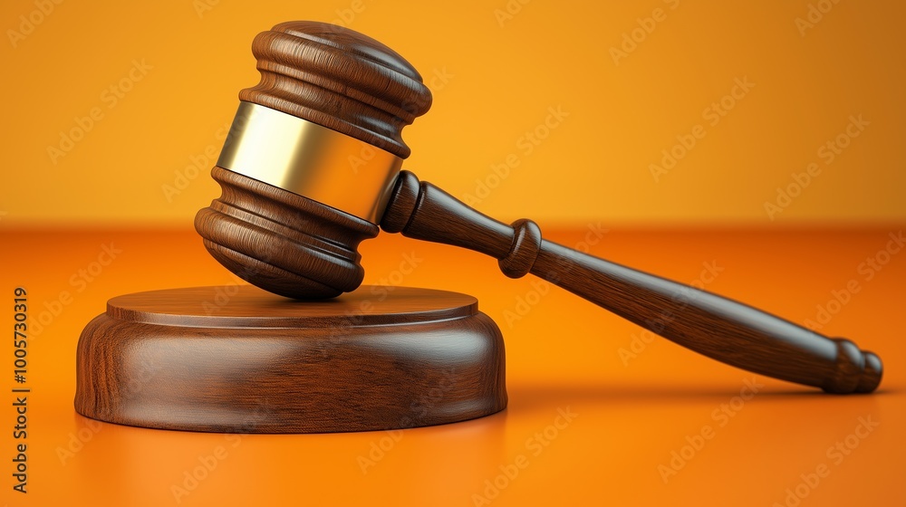 Wooden gavel with a gold band is placed on a wooden base. gavel is an important tool used by judges and lawyers in courtrooms. gold band on the gavel is a symbol of authority and power. Happy lawyer Wooden gavel with a gold band is placed on a wooden base. gavel is an important tool used by judges and lawyers in courtrooms. gold band on the gavel is a symbol of authority and power. Happy lawyer