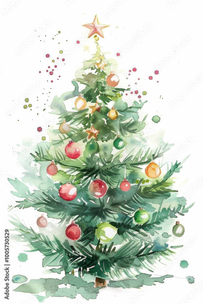 A watercolor painting of a Christmas tree with a star on top. The tree is decorated with many ornaments, including some red ones. The painting has a festive and joyful mood A watercolor painting of a Christmas tree with a star on top. The tree is decorated with many ornaments, including some red ones. The painting has a festive and joyful mood
