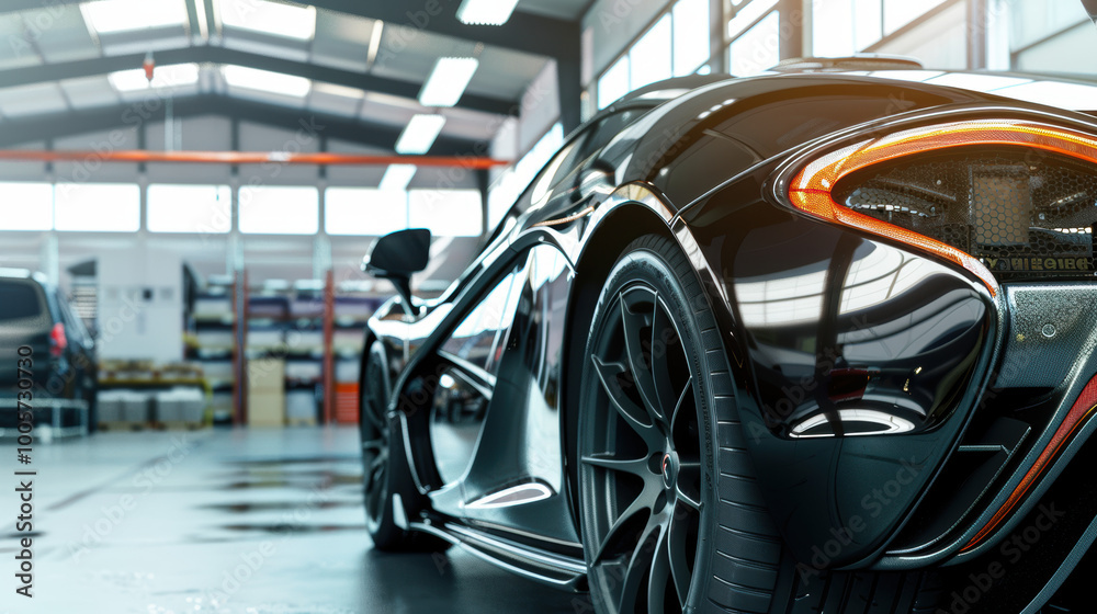 Fototapeta premium Modern car parked in spacious garage, ready for trade-in, showcasing clean and well-maintained interior.