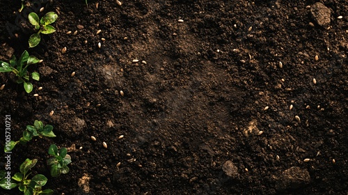 Close-up of dark brown soil with green seedlings and scattered seeds.