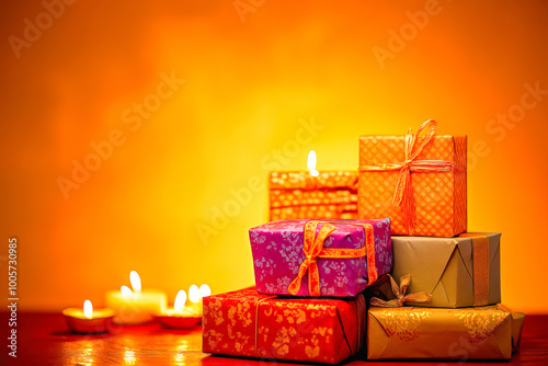 stack of gift boxes with oil lamps on orange background photo