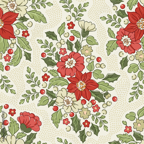 Retro Christmas Poinsettia, Mistletoe, Hellebores, Holly Berries Vector Seamless Pattern. Festive Flowers, Greenery Arrangement. Winter Holidays Botanical Print. Nostalgic Spirit.