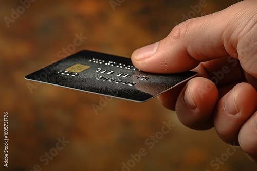 Credit card is being held in a hand. The card has a gold stripe and a silver stripe. male hand holding credit card isolated on brown