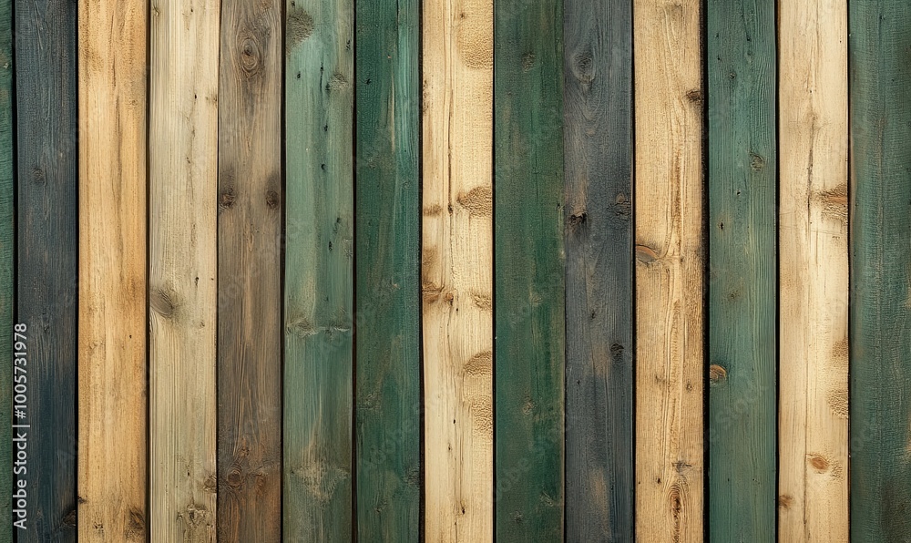 Wall featuring rustic wooden panels in deep forest green and warm beige tones. Wall featuring rustic wooden panels in deep forest green and warm beige tones.