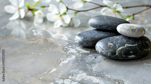 Beautiful Composition of Spa Stones Arranged on Elegant Grey Marble, Evoking Serenity and Relaxation