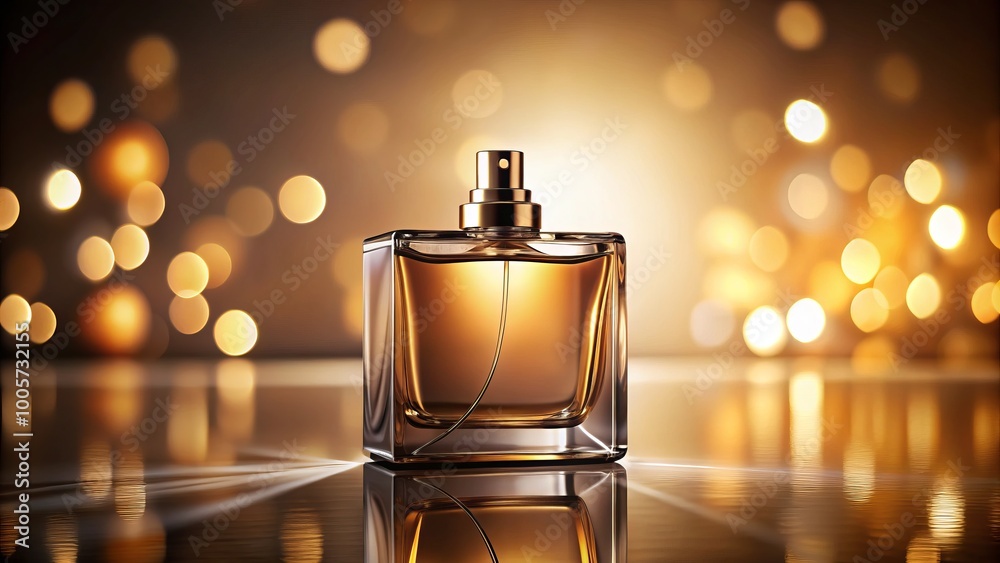 An exquisite perfume bottle is showcased against a softly illuminated surface, complemented by a clean, minimalist An exquisite perfume bottle is showcased against a softly illuminated surface, complemented by a clean, minimalist