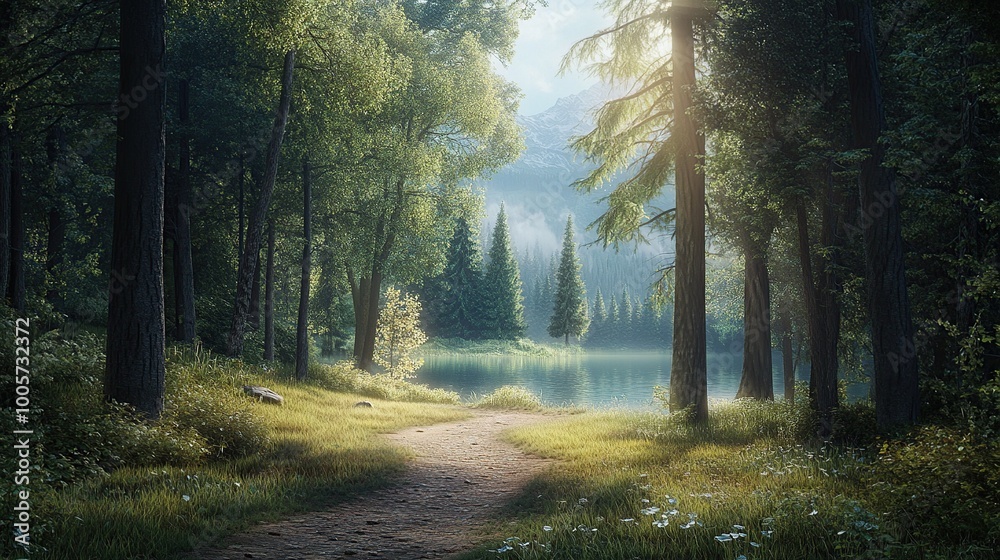 Obraz premium Serene forest path by a tranquil lake.