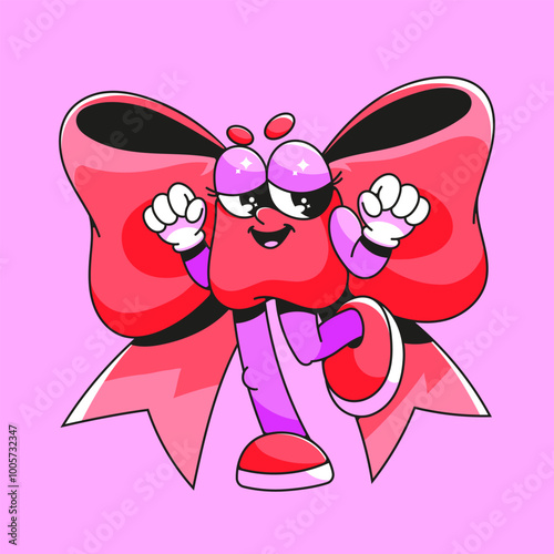 Groovy Bow. Cute retro character in rubber hose style. Funny holiday illustration, print on t-shirt. Coquette core