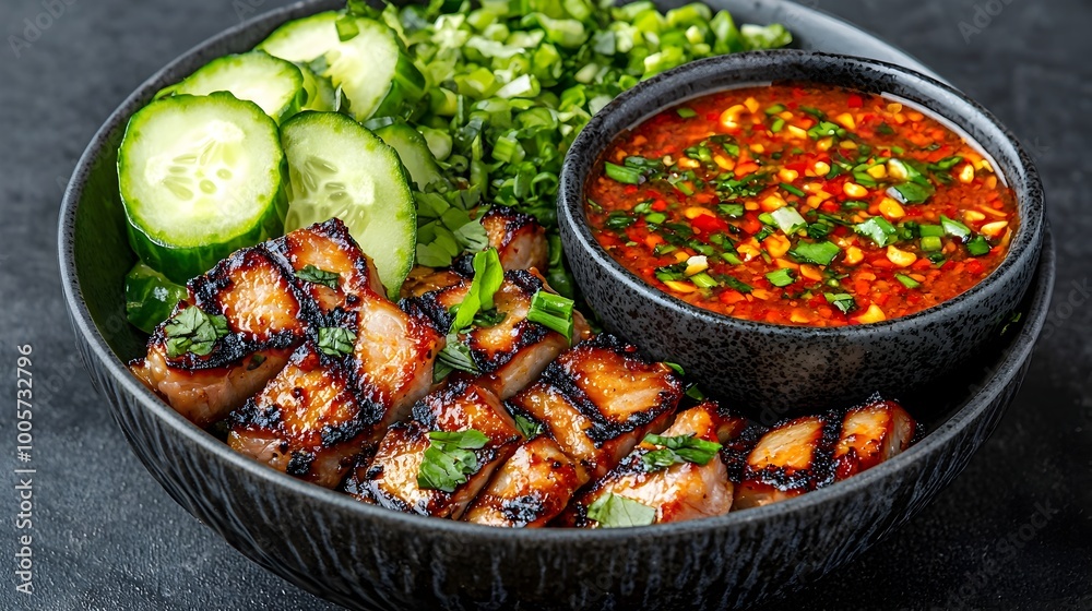 Spicy Grilled Pork Neck Kor Moo Yang A Flavorful Asian Dish Served with a Chili Dipping Sauce and Fresh Cucumber Slices Spicy Grilled Pork Neck Kor Moo Yang A Flavorful Asian Dish Served with a Chili Dipping Sauce and Fresh Cucumber Slices