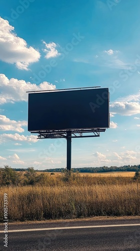 An empty billboard stands tall against a clear blue sky, surrounded by lush greenery and open fields, inviting new advertisements. photo