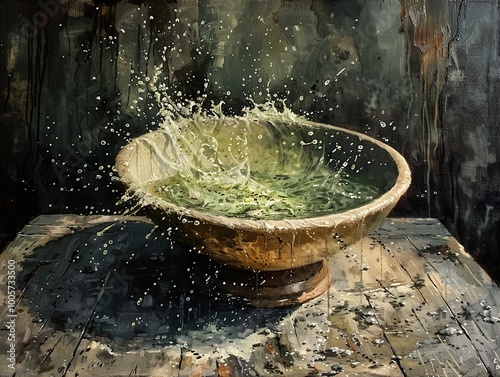 Water Splash in a Wooden Bowl: A Rustic Still Life photo