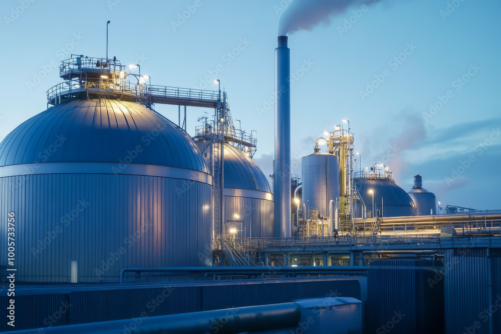 A large industrial plant with many tanks and pipes. The sky is dark and cloudy. Scene is somber and industrial A large industrial plant with many tanks and pipes. The sky is dark and cloudy. Scene is somber and industrial