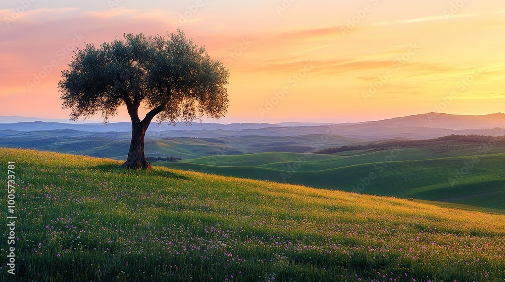 Serene landscape with a lone tree at sunset. Serene landscape with a lone tree at sunset.