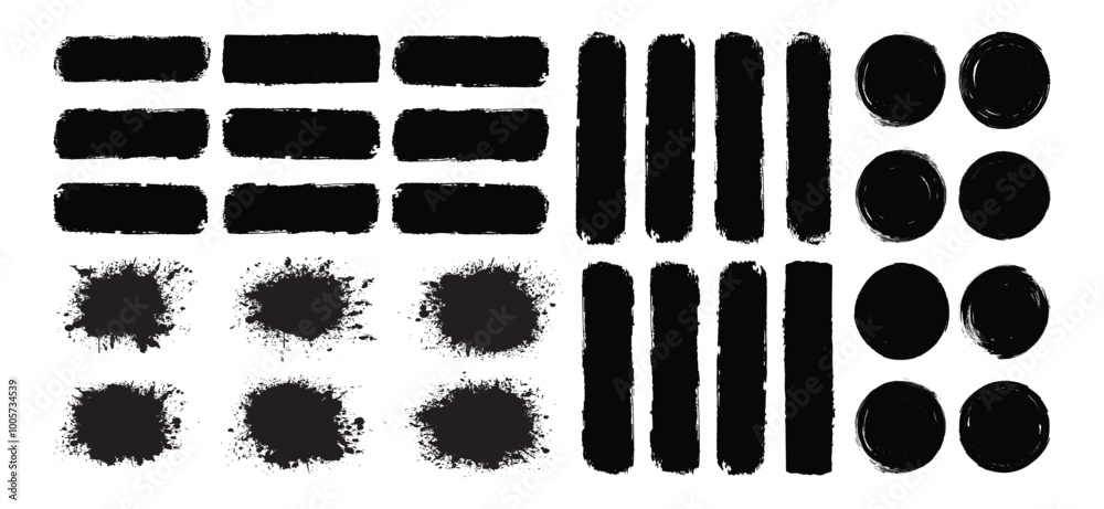 Big bundle of different ink brush strokes:rectangle,square and round freehand drawings.Ink splatters,grungy painted lines,artistic design elements:waves,circles,triangles.Vector paintbrush set. Big bundle of different ink brush strokes:rectangle,square and round freehand drawings.Ink splatters,grungy painted lines,artistic design elements:waves,circles,triangles.Vector paintbrush set.
