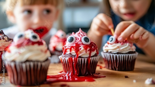 Children Decorating Halloween Cupcakes with Red Icing and Eyeballs photo