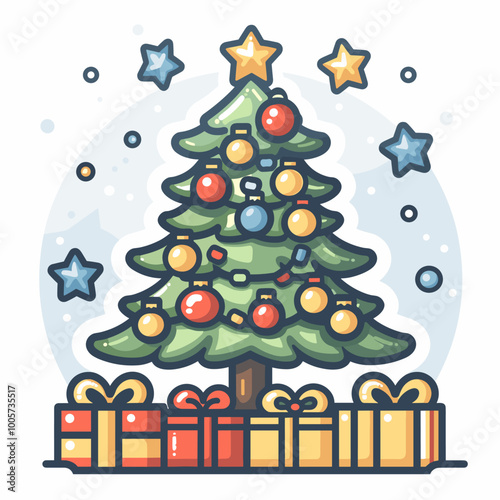 A Christmas tree with many ornaments is shown in a wintery scene. The tree is surrounded by trees and snow, and there is a star on top of the tree. Scene is festive and joyful