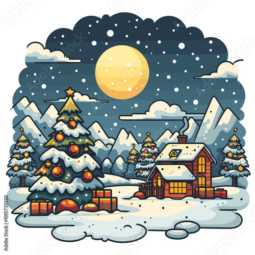 A Christmas tree with many ornaments is shown in a wintery scene. The tree is surrounded by trees and snow, and there is a star on top of the tree. Scene is festive and joyful