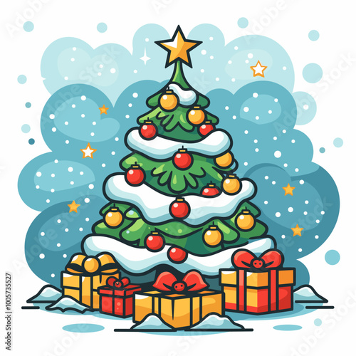 A Christmas tree with many ornaments is shown in a wintery scene. The tree is surrounded by trees and snow, and there is a star on top of the tree. Scene is festive and joyful