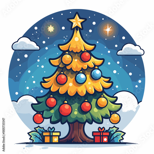 A Christmas tree with many ornaments is shown in a wintery scene. The tree is surrounded by trees and snow, and there is a star on top of the tree. Scene is festive and joyful