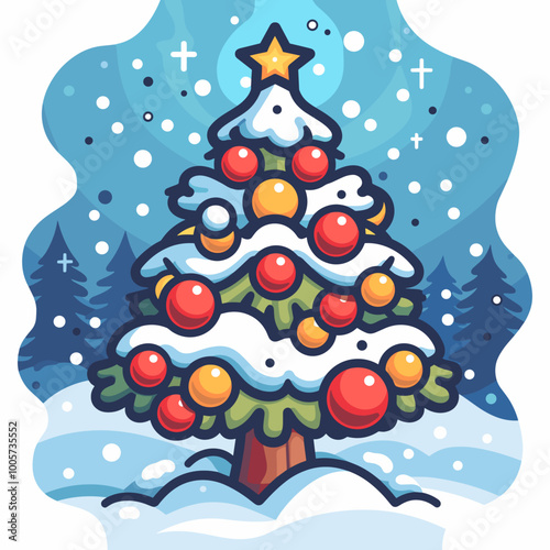 A Christmas tree with many ornaments is shown in a wintery scene. The tree is surrounded by trees and snow, and there is a star on top of the tree. Scene is festive and joyful