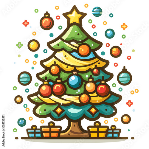 A Christmas tree with many ornaments is shown in a wintery scene. The tree is surrounded by trees and snow, and there is a star on top of the tree. Scene is festive and joyful