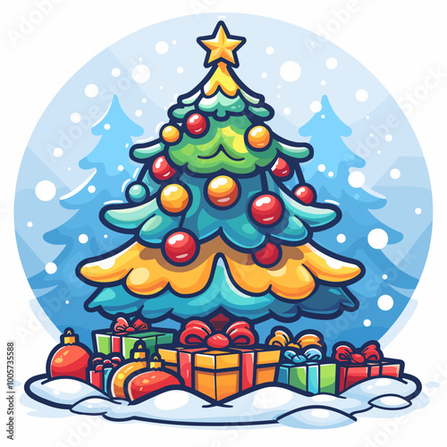 A Christmas tree with many ornaments is shown in a wintery scene. The tree is surrounded by trees and snow, and there is a star on top of the tree. Scene is festive and joyful