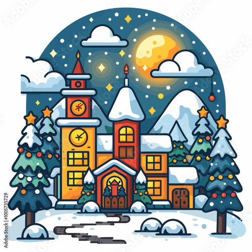 A Christmas tree with many ornaments is shown in a wintery scene. The tree is surrounded by trees and snow, and there is a star on top of the tree. Scene is festive and joyful