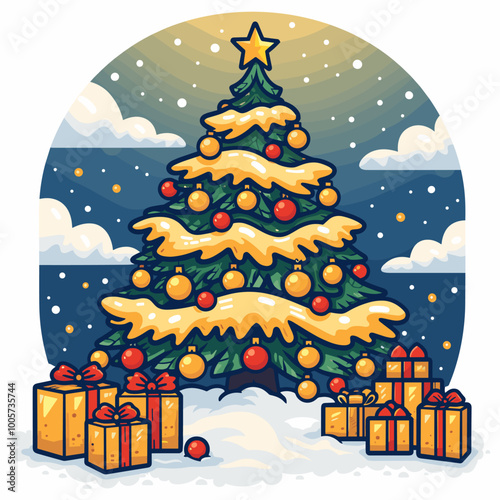 A Christmas tree with many ornaments is shown in a wintery scene. The tree is surrounded by trees and snow, and there is a star on top of the tree. Scene is festive and joyful