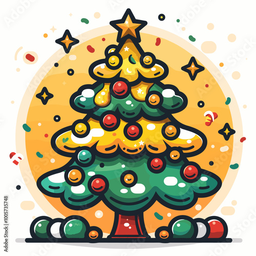 A Christmas tree with many ornaments is shown in a wintery scene. The tree is surrounded by trees and snow, and there is a star on top of the tree. Scene is festive and joyful