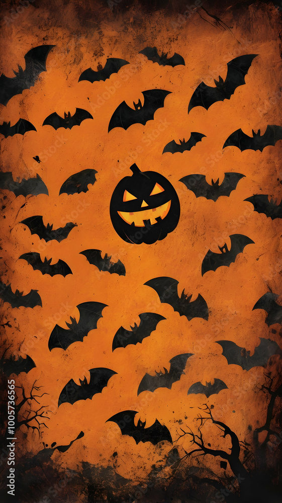 Rough, gritty texture background with a Halloween theme, dark and moody colors like deep orange, black, dark purple, and eerie green. Cracks, scratches, and uneven patches, use for graphic design.