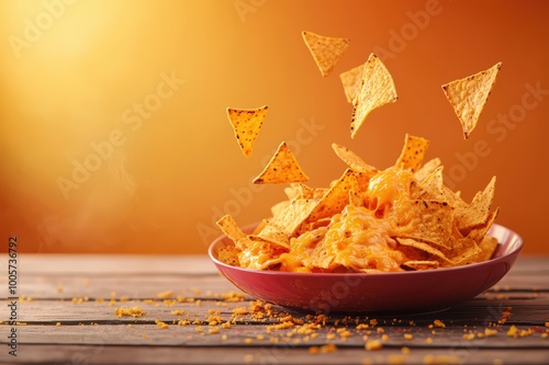Delicious tortilla chips scattered around a bowl, creating a tempting snack display.