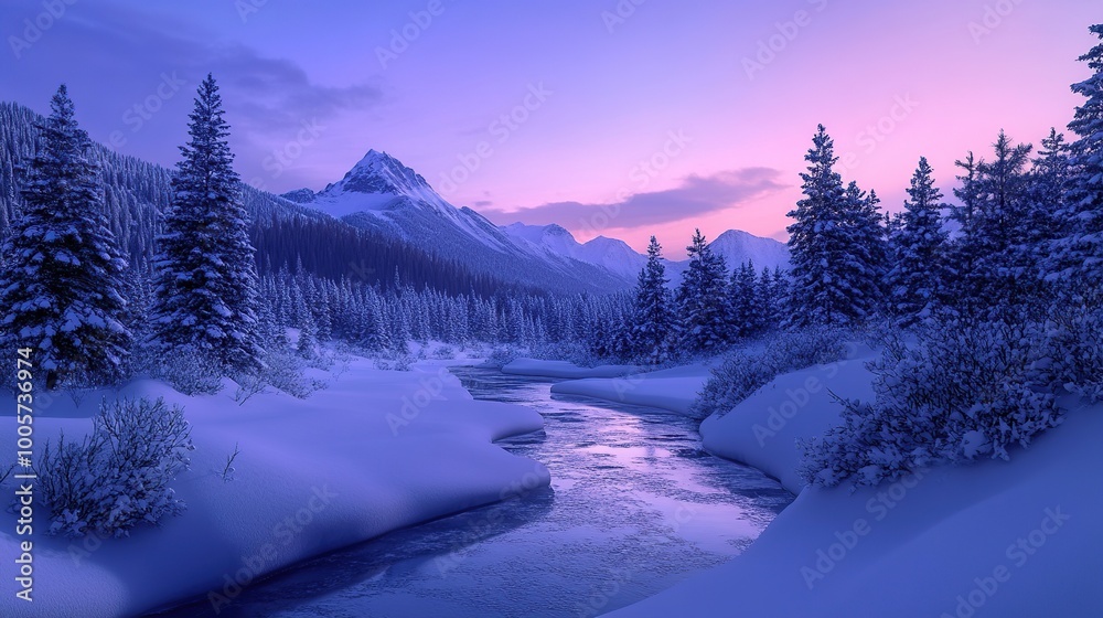 Fototapeta premium Serene winter landscape with a flowing river.