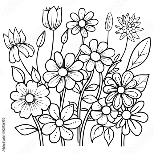 Cute design with flowers coloring page, Hand drawn flat design simple flower outline set.