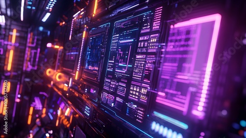 3d render  abstract futuristic ultraviolet background with cyber screen and glowing neon lights.