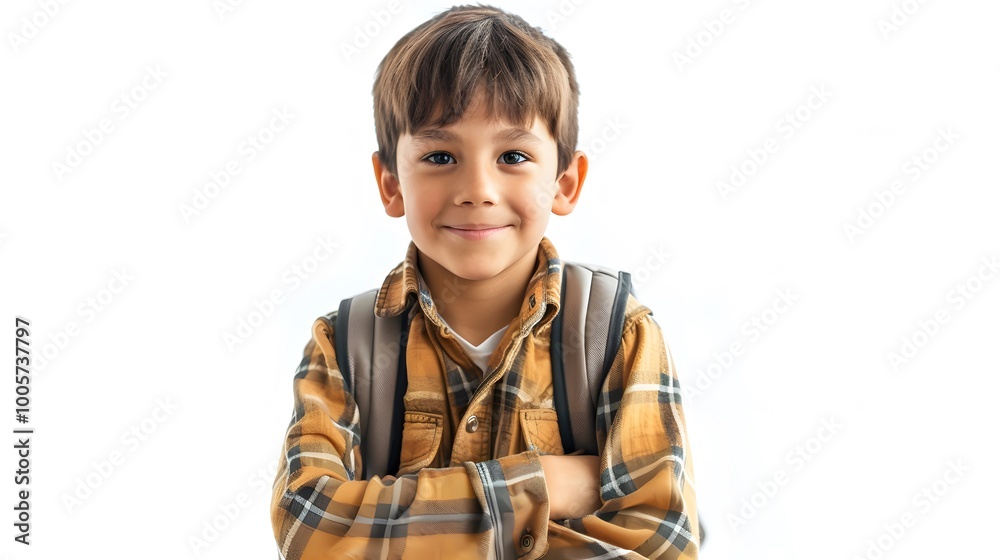 Adorable Student Boy Wearing a Backpack, Standing Confidently Against a Clean White Background