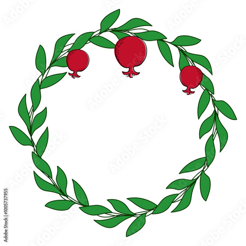 Pomegranate wreath isolated on a transparent background. Copy space. Symbol of fertility and life. Best suited for the Pomegranate Festival, Rosh Hashanah, Persian New Year or Winter Solstice