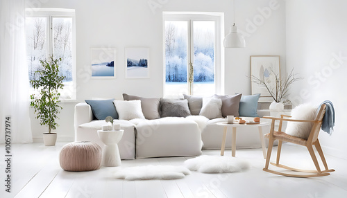 Scandinavian style living room with winter landscape outside the window.