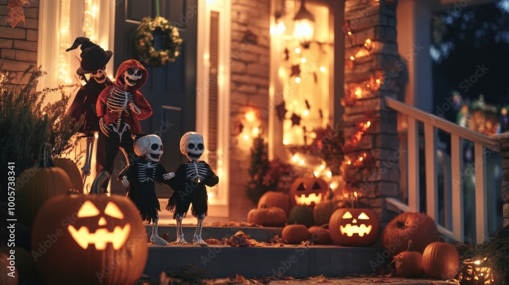 Obraz premium Skeleton Family Posing on a Porch Decorated for Halloween