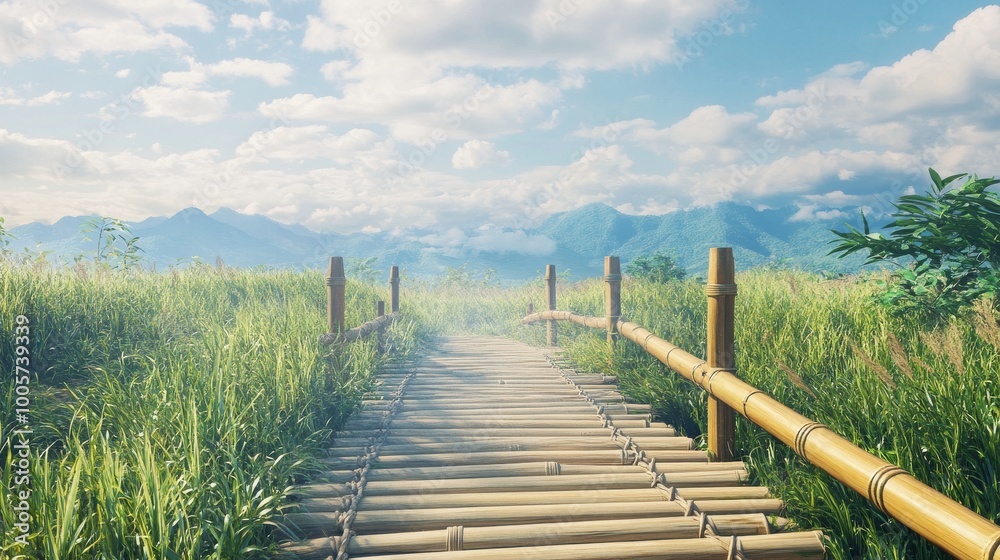 Obraz premium A bamboo walkway leads across a grassy area, with plenty of space for you to add your own content.