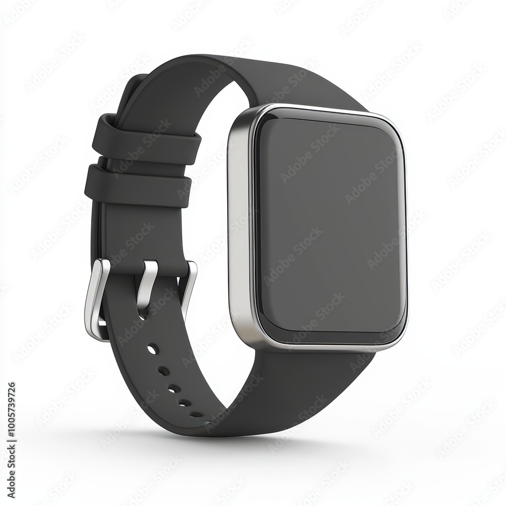 Modern smartwatch with a sleek design and black strap, displayed on a white background. Modern smartwatch with a sleek design and black strap, displayed on a white background.
