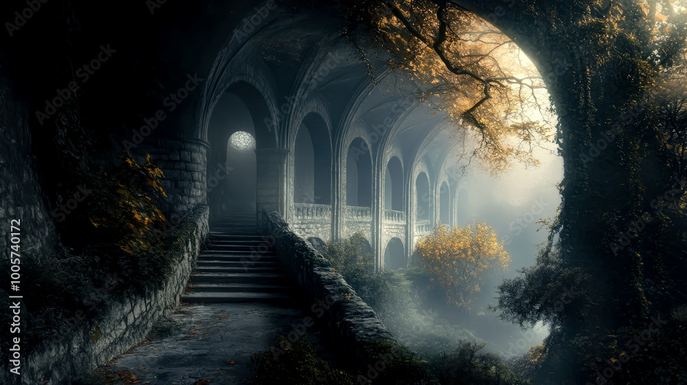 A dark, mysterious tunnel with a tree in the middle. The tunnel is long and narrow, with a staircase leading down into it. The atmosphere is eerie and ominous, with the shadows of the trees