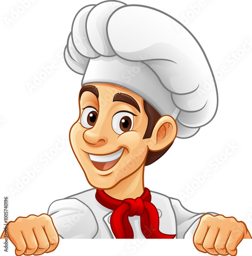 A chef or baker cartoon cook food man mascot character peeking around a sign or menu with copy space illustration