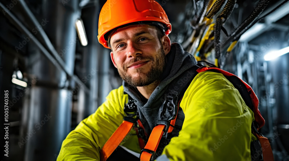 Worker in safety gear smiling confidently Worker in safety gear smiling confidently