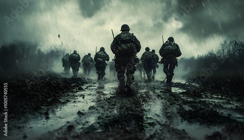 A platoon of soldiers moving through a rainsoaked battlefield, mud and water splashing underfoot, on a grey stormy sky background
