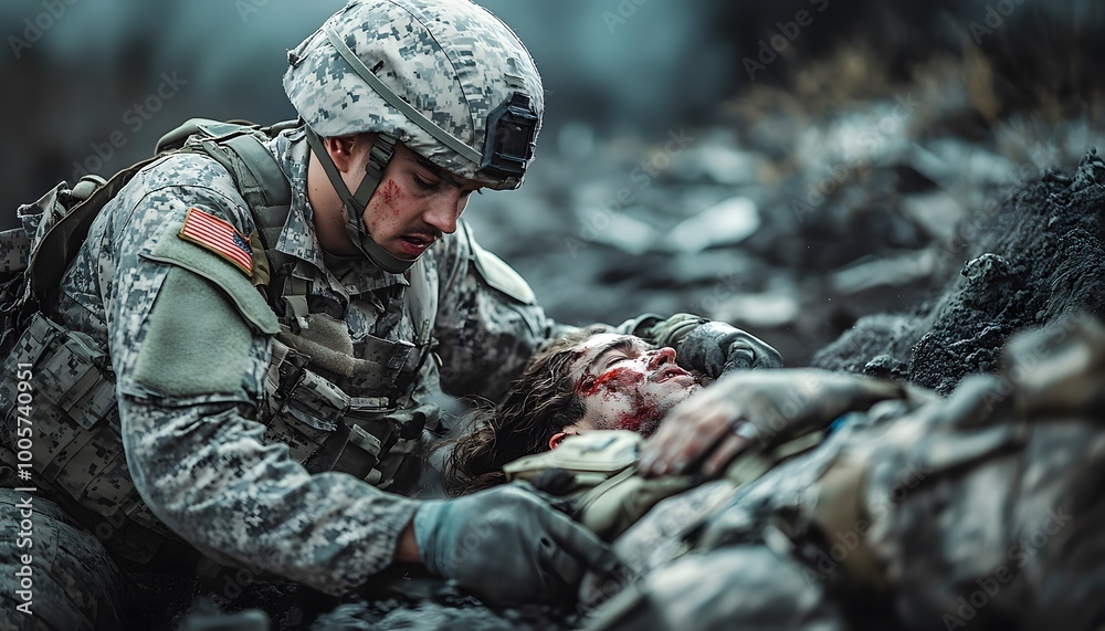 Obraz premium A military medic treating a wounded soldier on the battlefield, showing calm under pressure, on a gritty grey battlefield background