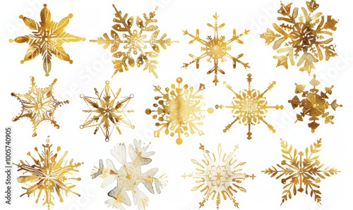 Golden painted snowflakes and stars set on white background